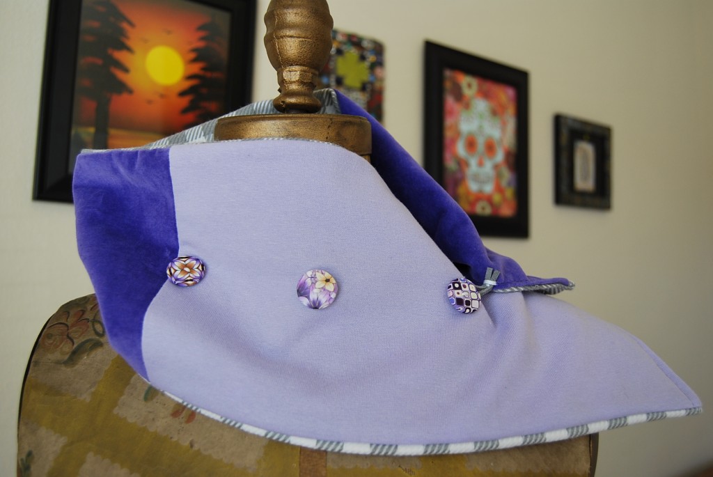 purple scarf with polymer clay buttons